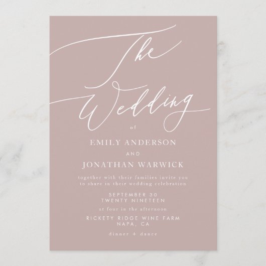 Moderne rosa Taupe Kalligrafie Einfache Hochzeit Einladung (Vorderseite)
