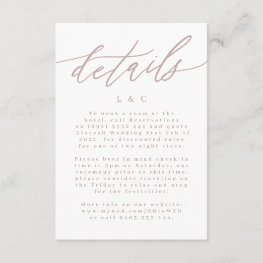 Moderne Rosa Taupe Kalligrafie Hochzeitdetails RSVP Karte (Vorderseite)