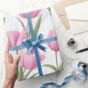 Moderne rosa Tulpe weißes Blumenmuster Geschenkpapier