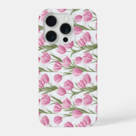 Moderne rosa Tulpe weißes Blumenmuster iPhone 15 Pro Hülle