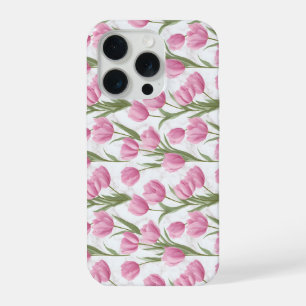Moderne rosa Tulpe weißes Blumenmuster iPhone 15 Pro Hülle