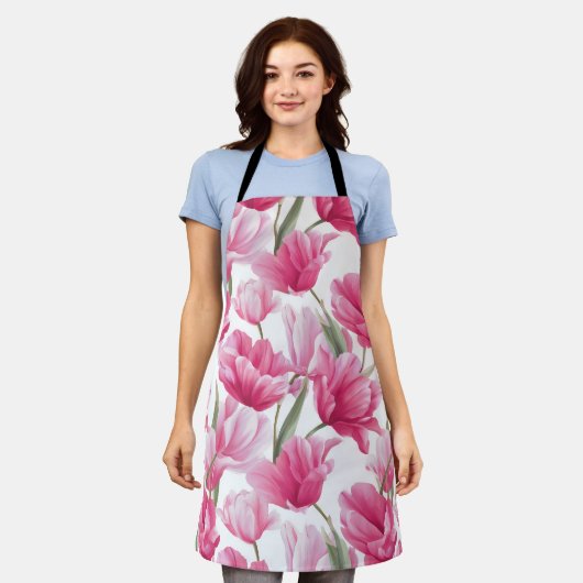Moderne rosa Tulpe weißes Blumenmuster Schürze (Getragen)
