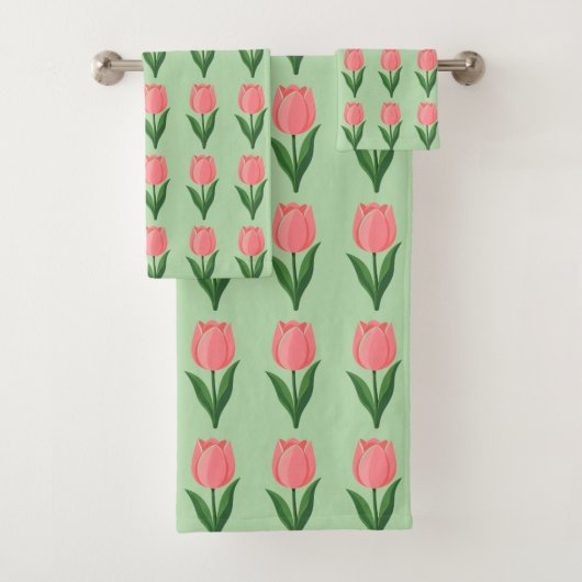 Moderne rosa Tulpenblumenmuster auf hellgrün Badhandtuch Set (Insitu)