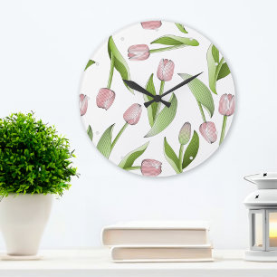 Moderne rosa Tulpenblumenmuster Große Wanduhr