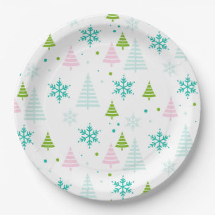 Moderne rosa türkisfarbene grüne Weihnachtsbäume Pappteller