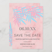 Moderne rosa und blaue Palmenbaum Trendy Save The Date (Vorne/Hinten)