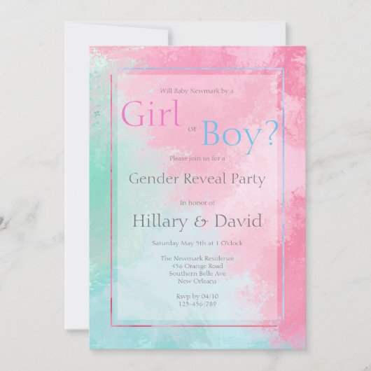 Moderne Rosa und Blaues Geschlecht: Einladung (Vorderseite)