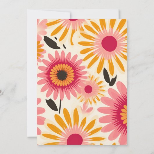 Moderne rosa und gelbe Retro Blumenbridal Einladung (Rückseite)