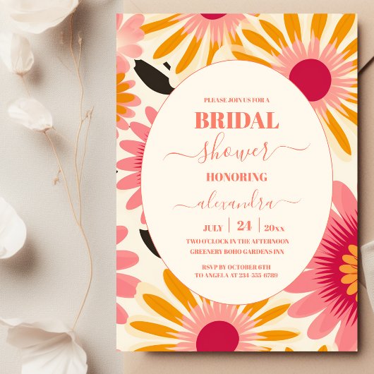 Moderne rosa und gelbe Retro Blumenbridal Einladung