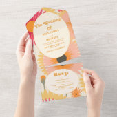 Moderne rosa und gelbe Retro Blumenhochzeit All In One Einladung (Abreißen)