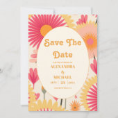 Moderne rosa und gelbe Retro Blumenhochzeit Save The Date (Vorderseite)