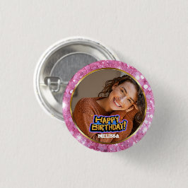 Moderne rosa und goldene Glitter-Foto-Name-Birthda Button