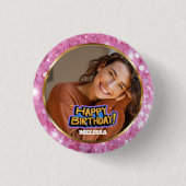 Moderne rosa und goldene Glitter-Foto-Name-Birthda Button (Vorderseite)