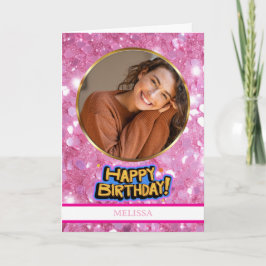 Moderne rosa und goldene Glitter-Foto- und Namens- Karte