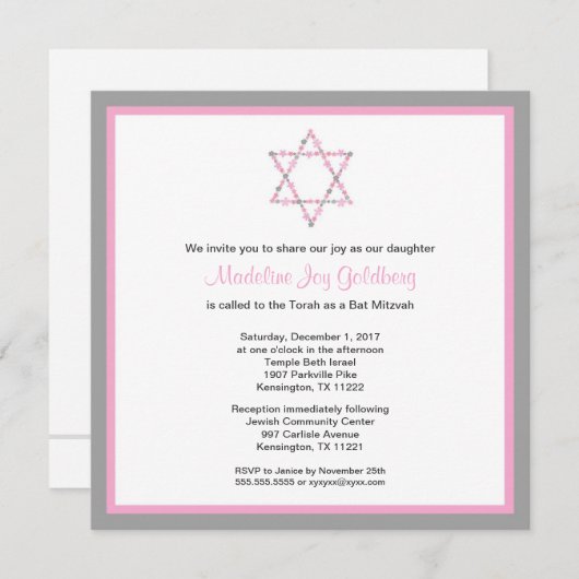 Moderne rosa und graue Flora Bat Mitzvah Invite Einladung (Vorne/Hinten)
