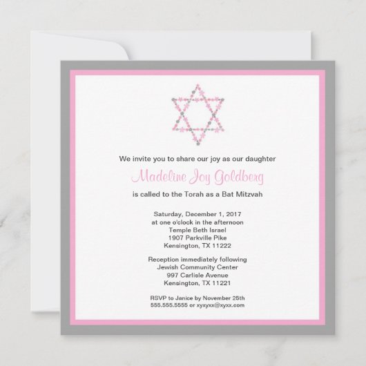 Moderne rosa und graue Flora Bat Mitzvah Invite Einladung (Vorderseite)