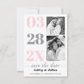 Moderne rosa und graue Typografie zwei Fotos Save The Date (Vorderseite)