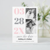 Moderne rosa und graue Typografie zwei Fotos Save The Date (Stehend Vorderseite)