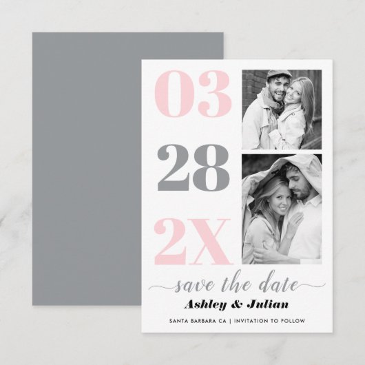Moderne rosa und graue Typografie zwei Fotos Save The Date (Vorne/Hinten)
