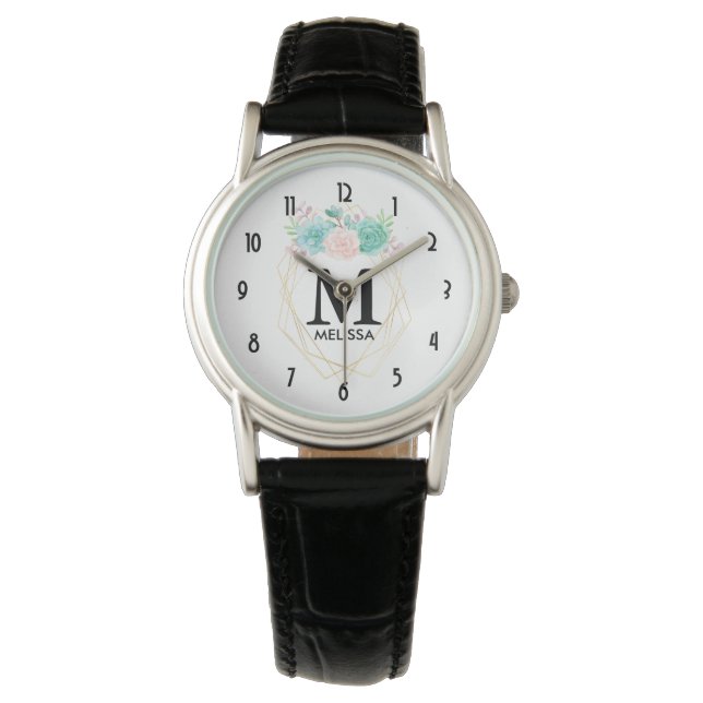 Moderne rosa und grüne Aquarellfarben - Monogramm Armbanduhr (Vorderseite)