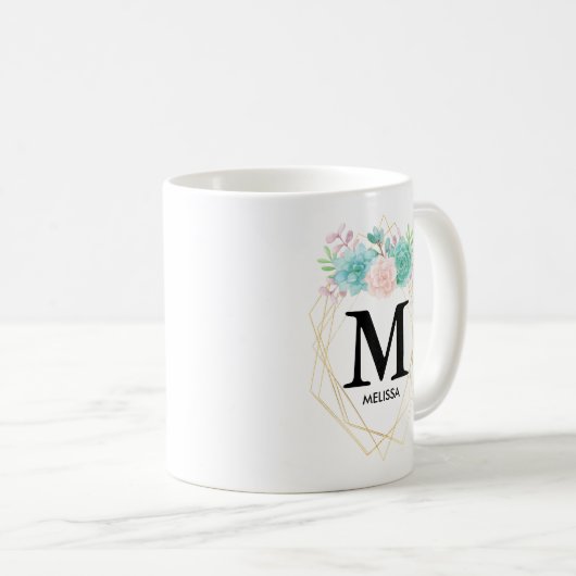 Moderne rosa und grüne Aquarellfarben - Monogramm Kaffeetasse (VorderseiteRechts)