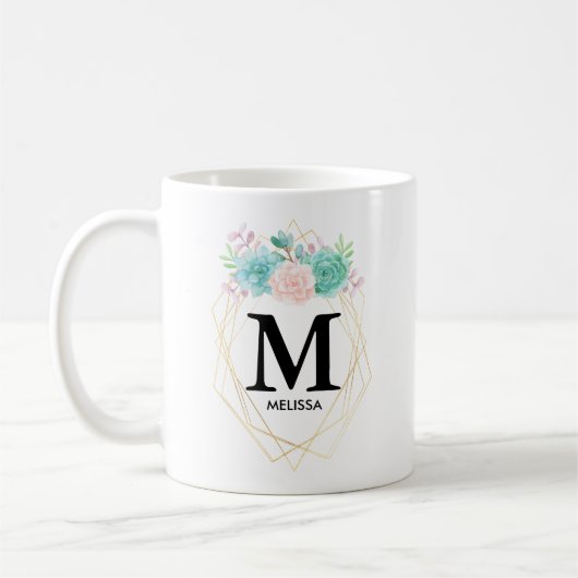Moderne rosa und grüne Aquarellfarben - Monogramm Kaffeetasse (Links)
