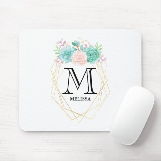 Moderne rosa und grüne Aquarellfarben - Monogramm Mousepad (Mit Mouse)
