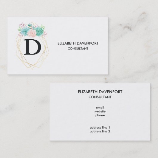 Moderne rosa und grüne Aquarellfarben - Monogramm Visitenkarte (Vorne/Hinten)