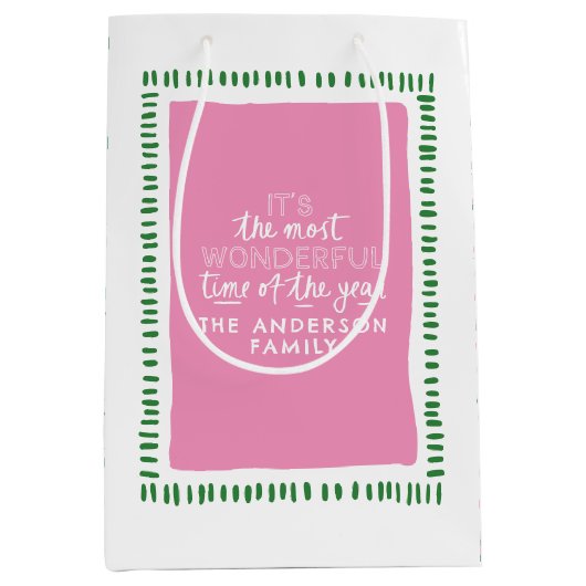 Moderne rosa und grüne Personalisierte Weihnachtsg Mittlere Geschenktüte (Vorderseite)