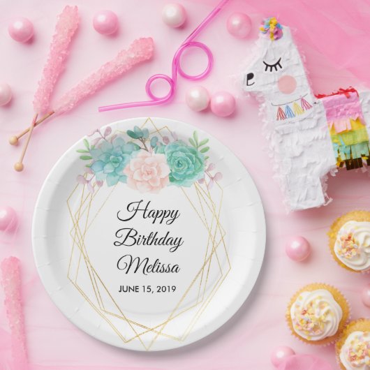 Moderne rosa und grüne Sukkulationen Wasserfarbe G Pappteller (Party)