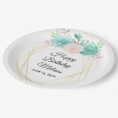 Moderne rosa und grüne Sukkulationen Wasserfarbe G Pappteller (Schrägansicht)