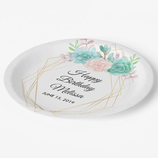 Moderne rosa und grüne Sukkulationen Wasserfarbe G Pappteller (Schrägansicht)