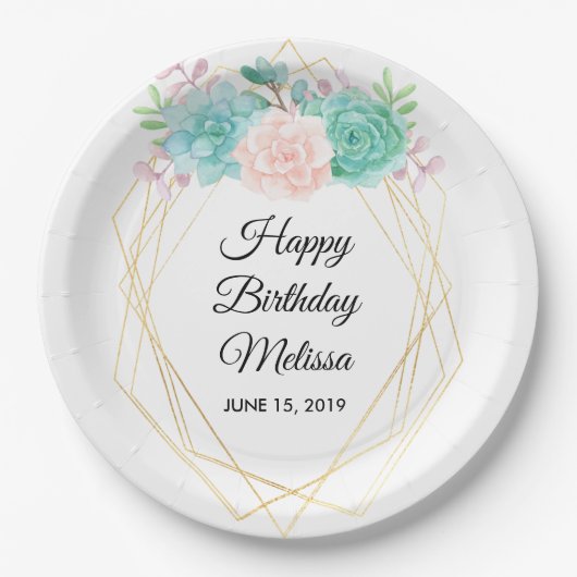 Moderne rosa und grüne Sukkulationen Wasserfarbe G Pappteller (Vorderseite)