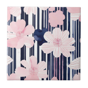 Moderne rosa und navy-florale Streifen Fliese