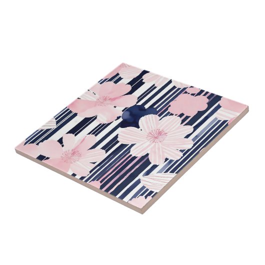 Moderne rosa und navy-florale Streifen Fliese (Seite)