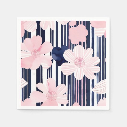 Moderne rosa und navy-florale Streifen Serviette (Vorderseite)