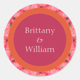 Moderne, rosa und orange, lebendige Blumenhochzeit Runder Aufkleber