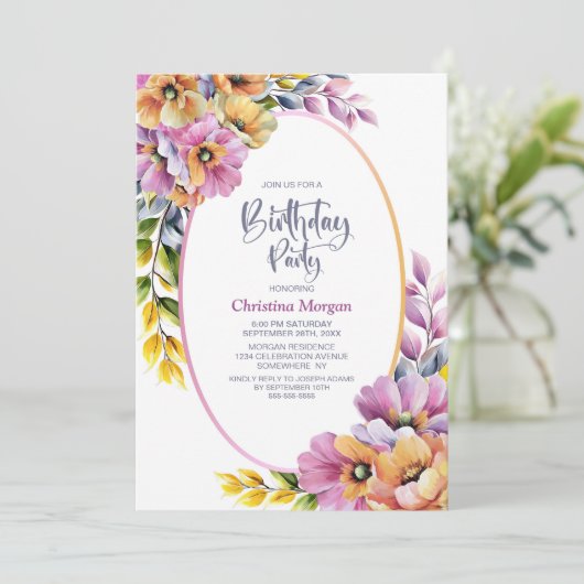 Moderne rosa und orangefarbene Blüten jedes Alters Einladung (Stehend Vorderseite)