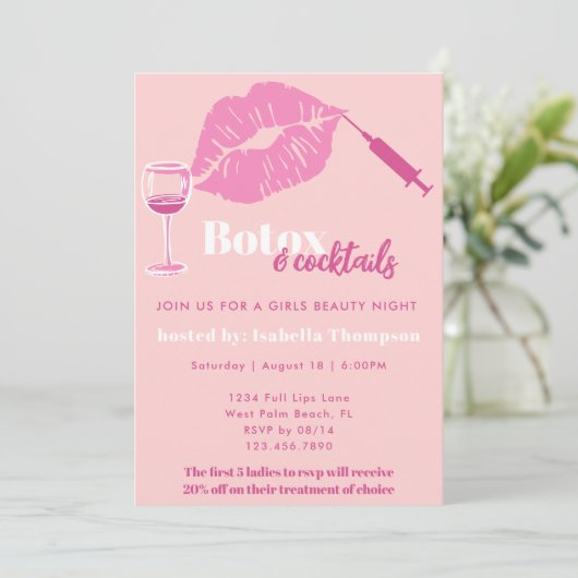 Moderne Rosa und Rosa Girls Night Botox Party Einladung (Stehend Vorderseite)