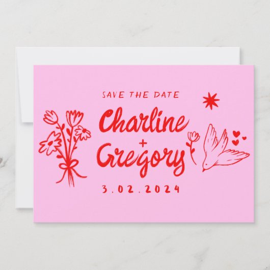 Moderne rosa und rote Handschrift-Hochzeit retten  Einladung (Vorderseite)