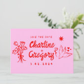 Moderne rosa und rote Handschrift-Hochzeit retten  Einladung (Stehend Vorderseite)