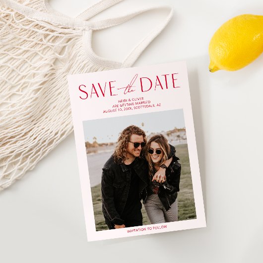 Moderne Rosa und Rotes Foto Save the Date Karte