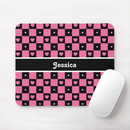 Moderne rosa und schwarz karierte Herzen mit Namen Mousepad (Mit Mouse)