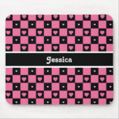 Moderne rosa und schwarz karierte Herzen mit Namen Mousepad (Vorne)