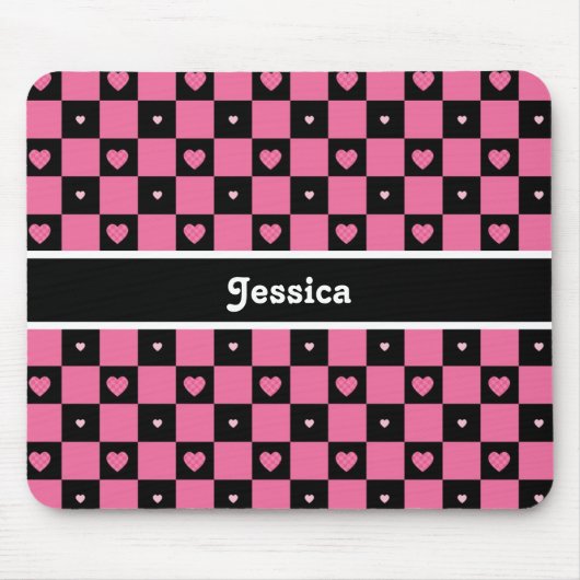 Moderne rosa und schwarz karierte Herzen mit Namen Mousepad (Vorne)