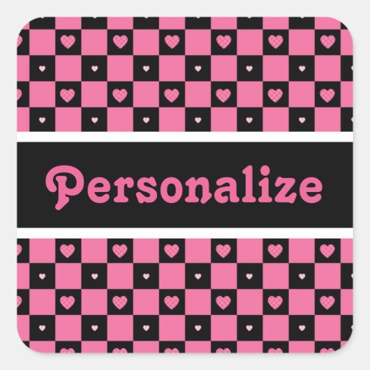 Moderne rosa und schwarz karierte Herzen mit Namen Quadratischer Aufkleber (Vorderseite)