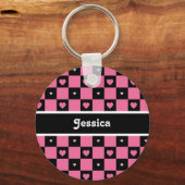 Moderne rosa und schwarz karierte Herzen mit Namen Schlüsselanhänger (Vorderseite)