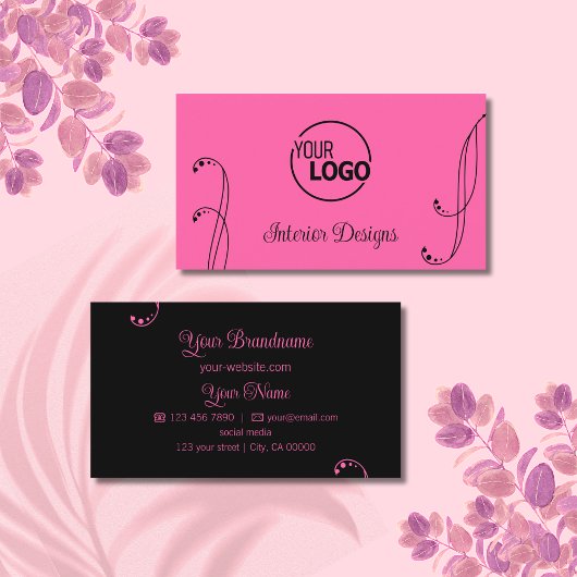 Moderne Rosa und Schwarz mit Verzierten Logos Visitenkarte