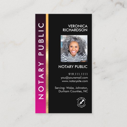 Moderne rosa und schwarze Notarnummer QR Code Foto Visitenkarte (Vorderseite)