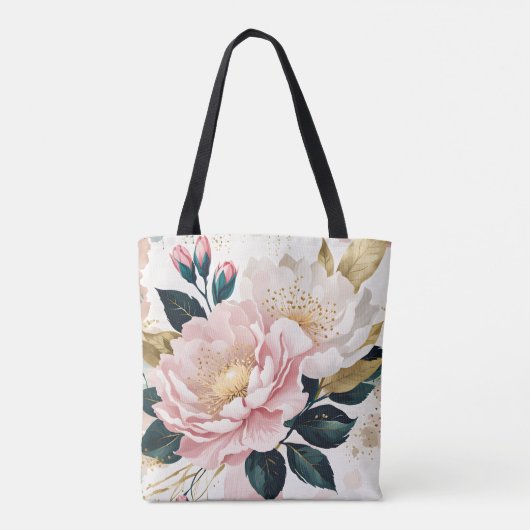 Moderne rosa und weiße Blume Grün- und Goldfolien Tasche (Rückseite)